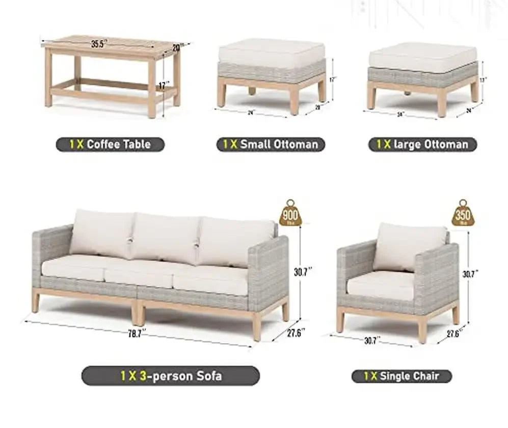 5-Piece High Back Wicker Rattan Patio Conversation Set with Acacia Wood Table