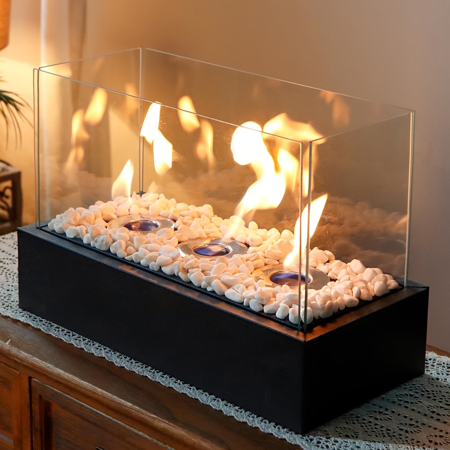Modern Rectangular Tabletop Fire Pit - Sleek Metal Design with Natural Exhaust, Perfect for Indoor Warmth and Outdoor Gatherings (Alcohol Not Included), Cozy Ambiance | Modern Fire Pit | Tempered Glass
