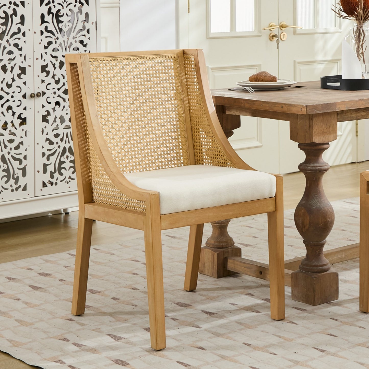 Camden Rattan Dining Arm Chair | Solid Wood Frame with Linen Seat