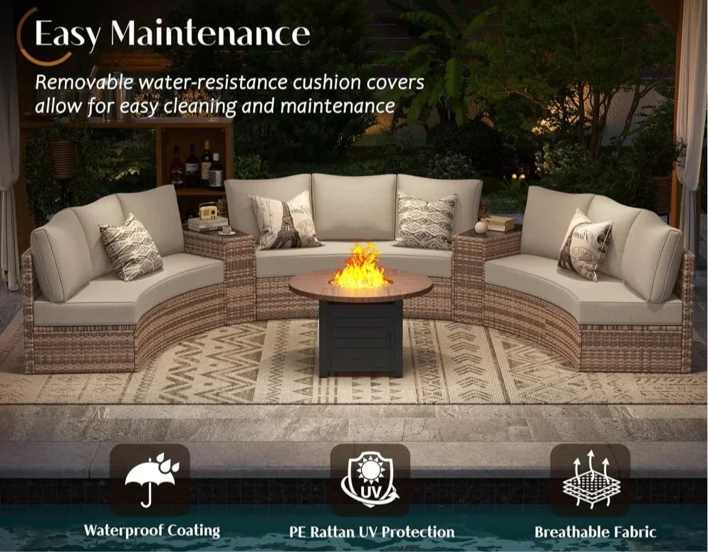 11 Piece Half-Moon Sectional Patio Furniture Set with Large Storage Wedge Table