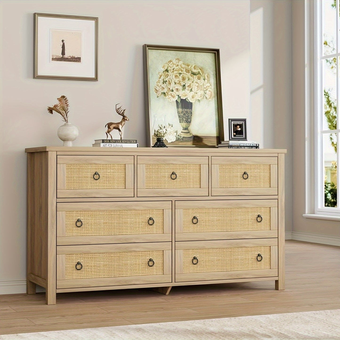 Hawthorn Cane - Front 7 - Drawer Dresser – Neutral Storage Chest - solid wood furniture by Chic Woods