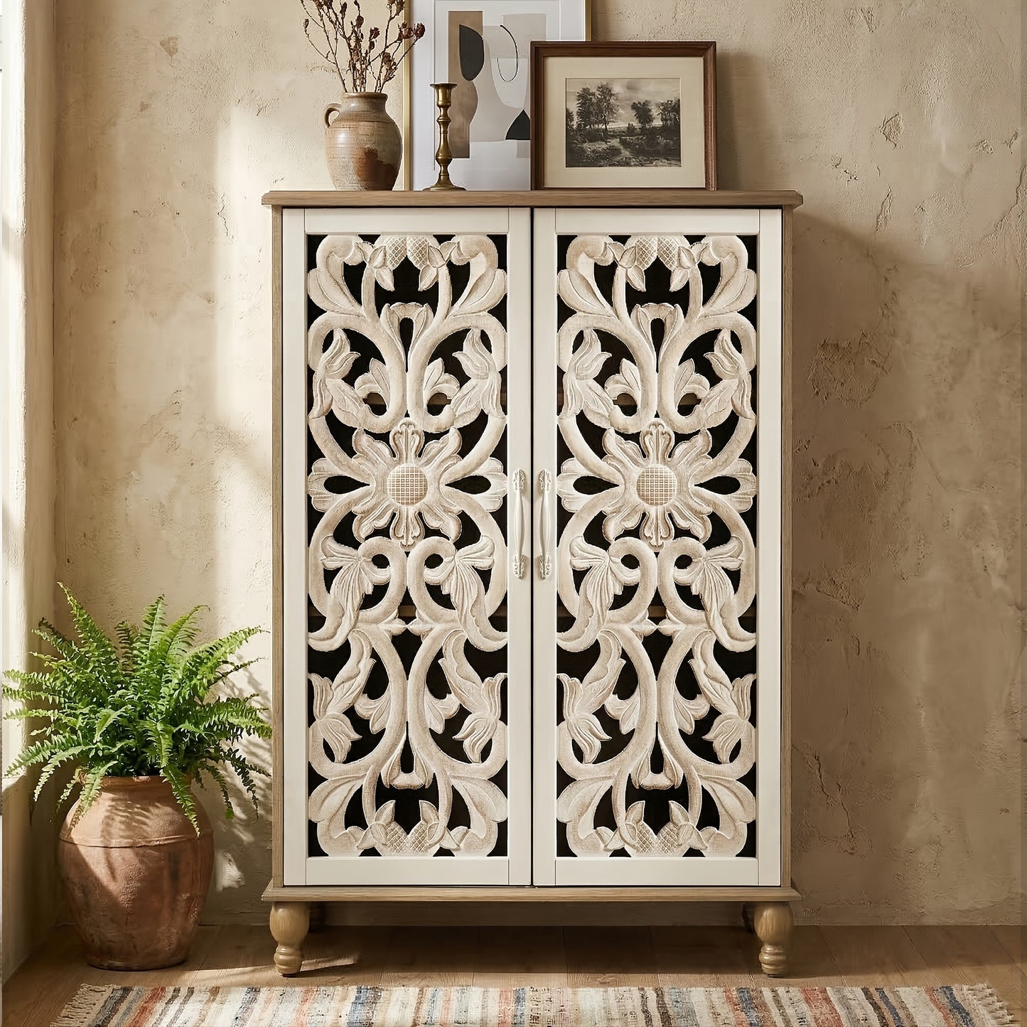 47.6"H Tall Cabinet Sideboard, Coffee Bar with 2 Doors, Featuring Cabinet with Adjustable Shelves; Suitable for in Kitchens, Dining Rooms Or Hallways