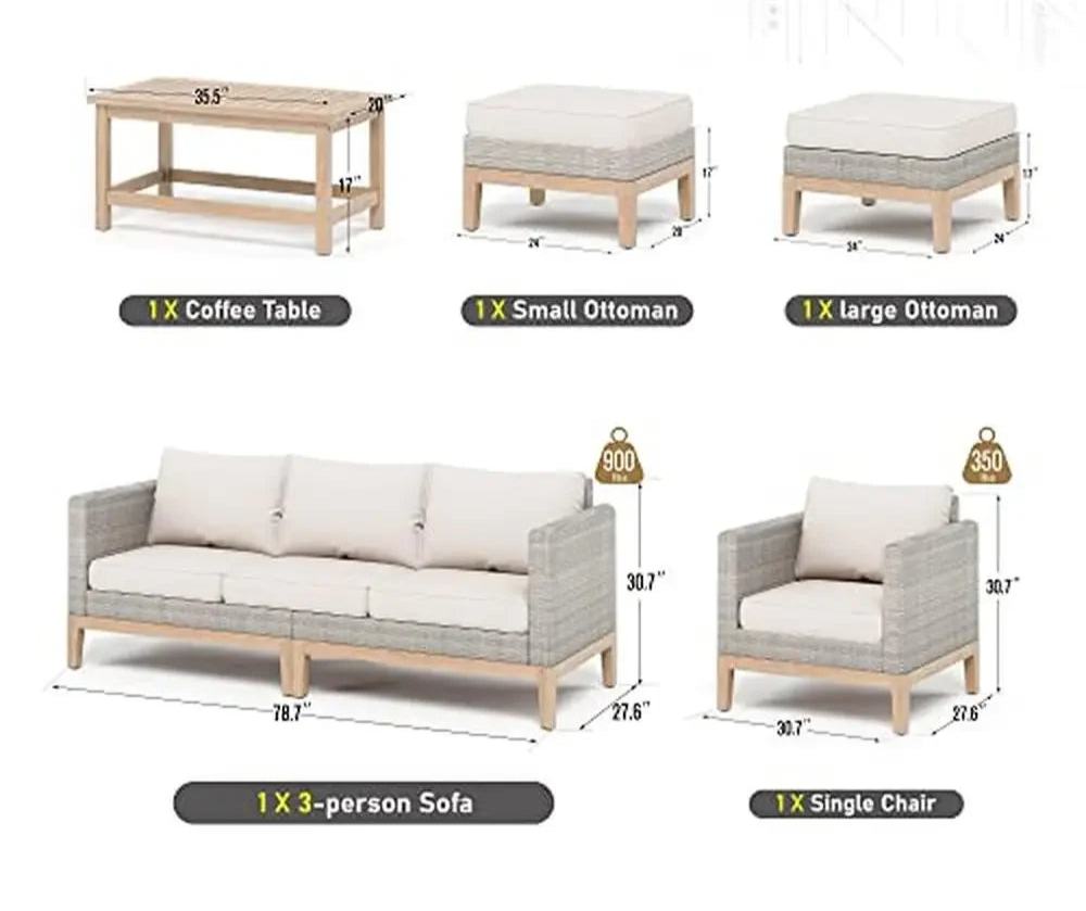 5-Piece High Back Wicker Rattan Patio Conversation Set with Acacia Wood Table