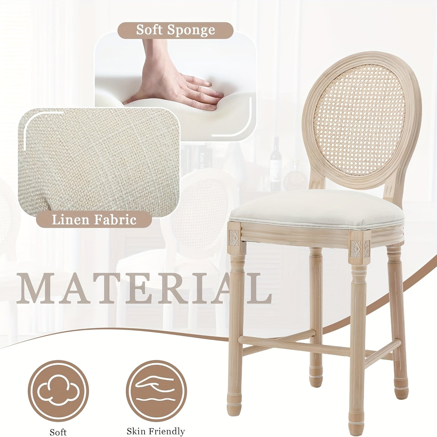The Coletta Cane Back Counter Stools – Upholstered Solid Wood Counter Height Stools (Set of 2)