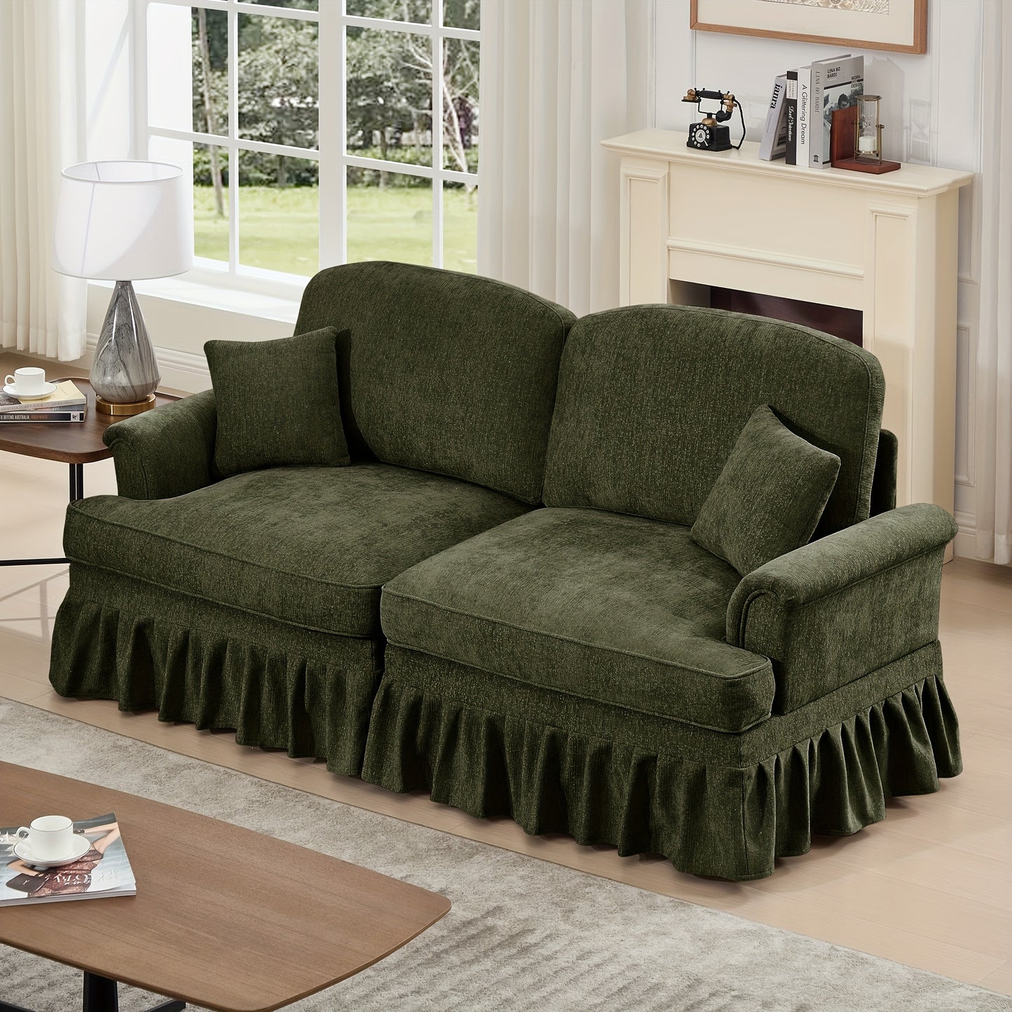 76.4 Inch Chenille Modular Sectional Sofa - 2-Seat L-Shaped Couch with Detachable Ruffled Skirt, Plush Foam Cushions & Hardwood Frame, Comfy Deep Seat, Retro Modern Design for Living Room & Apartment, Easy Assembly, Durable &