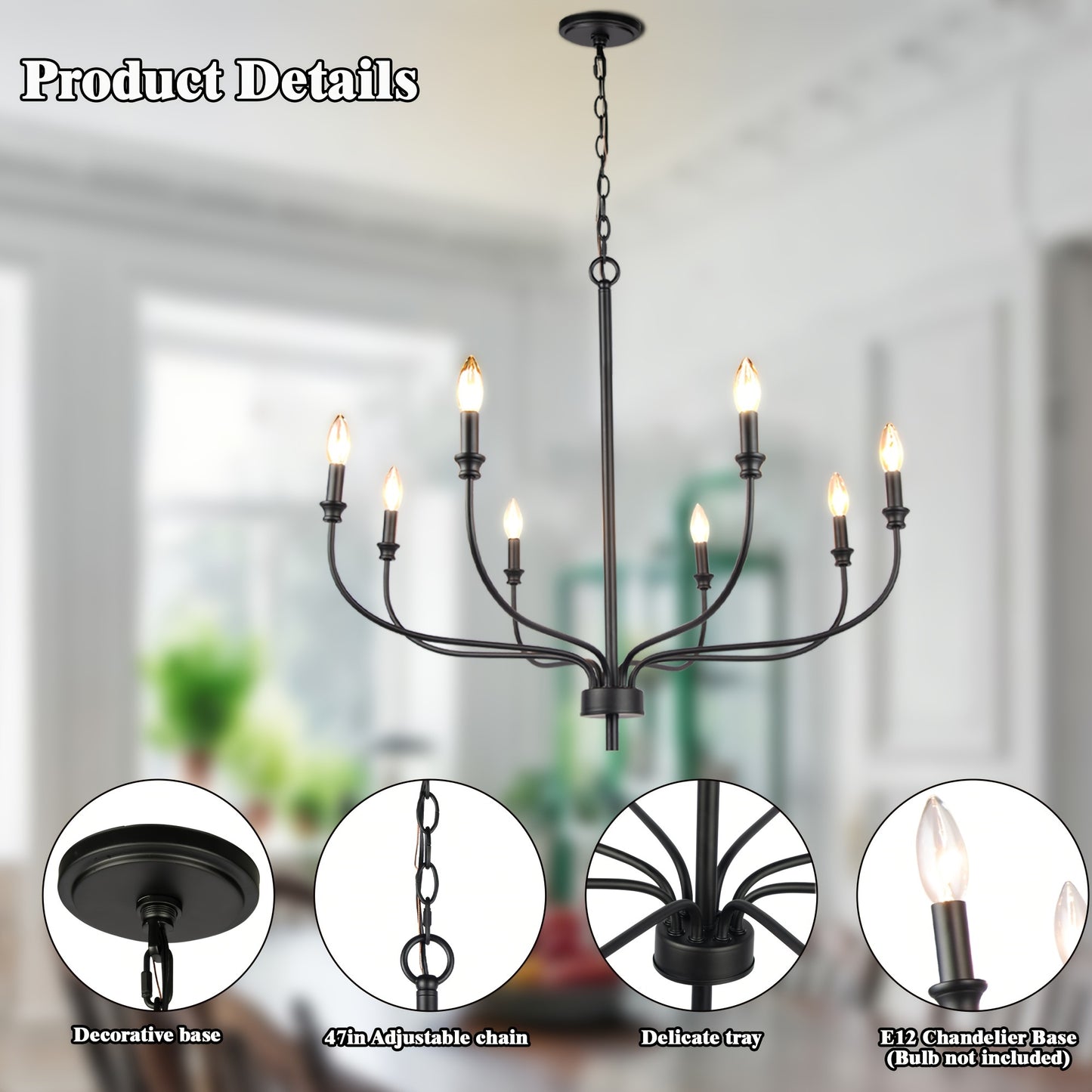 Modern Black Chandelier, 8-Light Farmhouse Chandelier For Dining Room Light Fixtures, Industrial Metal Candle Chandelier For Kitchen Island Bedroom