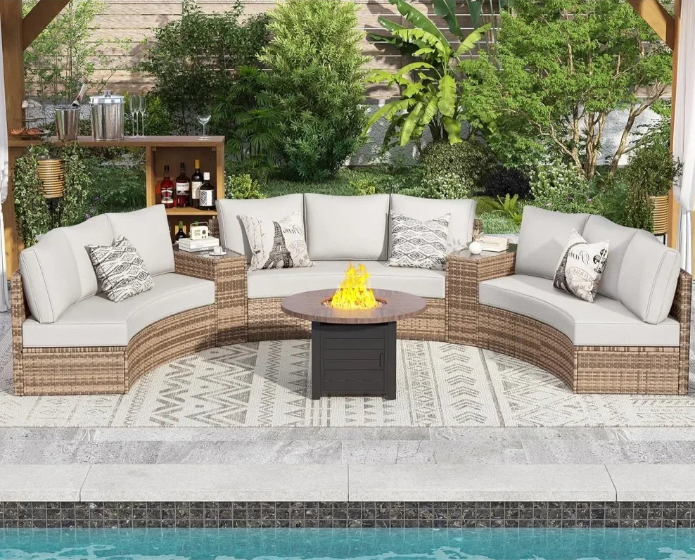 11 Piece Half-Moon Sectional Patio Furniture Set with Large Storage Wedge Table