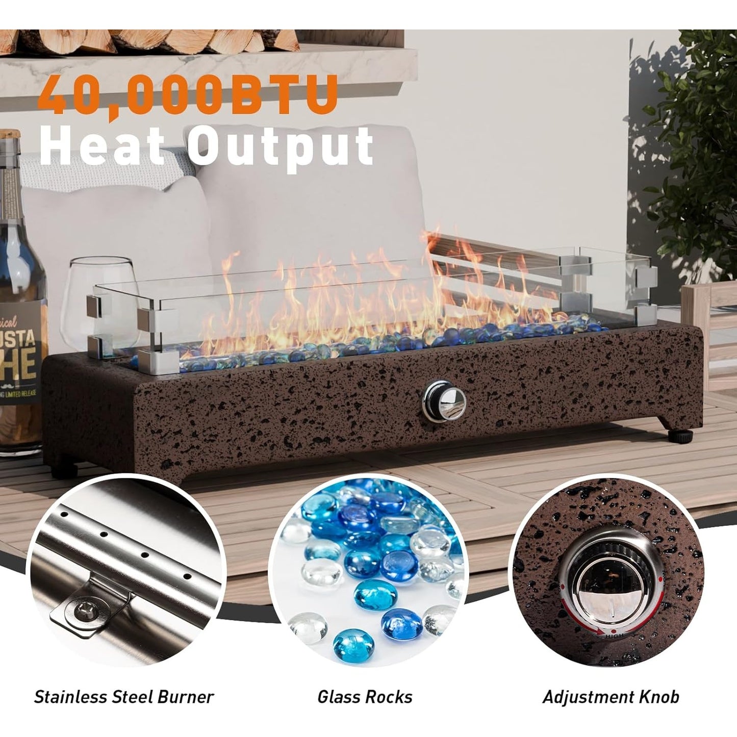 28 "Table Top Fire Pit, Embroidered Red Propane Fire Pit Table, Magnesium Oxide Rectangular Base, 40000 BTU Stainless Steel Burner, with Glass Flint & Glass Storm Hood, Living Room, Balcony, Patio, Deck, Pool