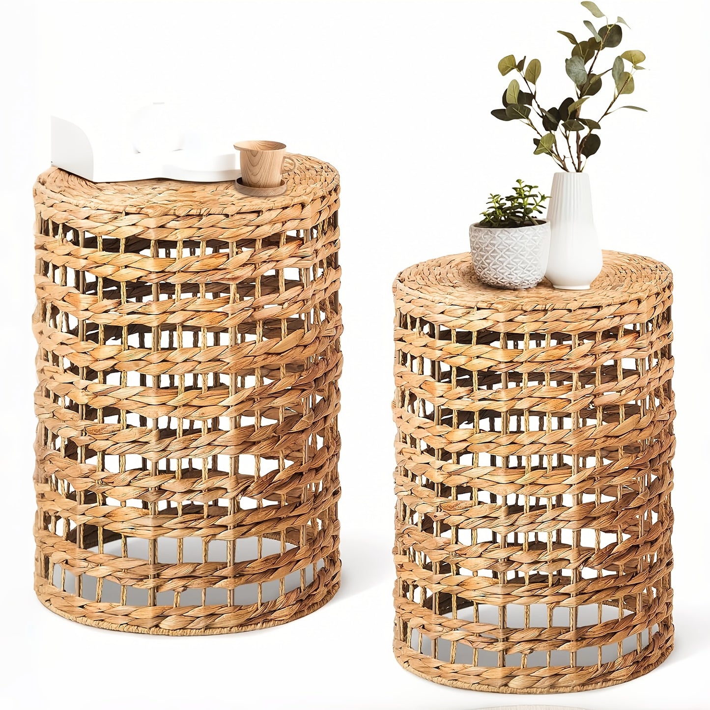 Set of 2 Handwoven Outdoor Side Tables – Natural Water Hyacinth Round Coffee Tables for Patio, Garden, Backyard, Indoor/Outdoor Plant or End Table – Bamboo Frame & Rattan Top