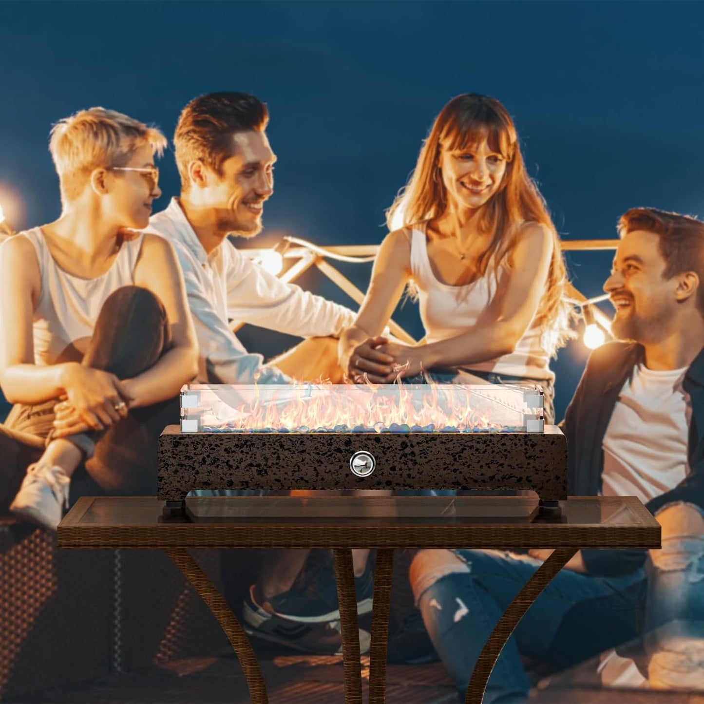 28 "Table Top Fire Pit, Embroidered Red Propane Fire Pit Table, Magnesium Oxide Rectangular Base, 40000 BTU Stainless Steel Burner, with Glass Flint & Glass Storm Hood, Living Room, Balcony, Patio, Deck, Pool