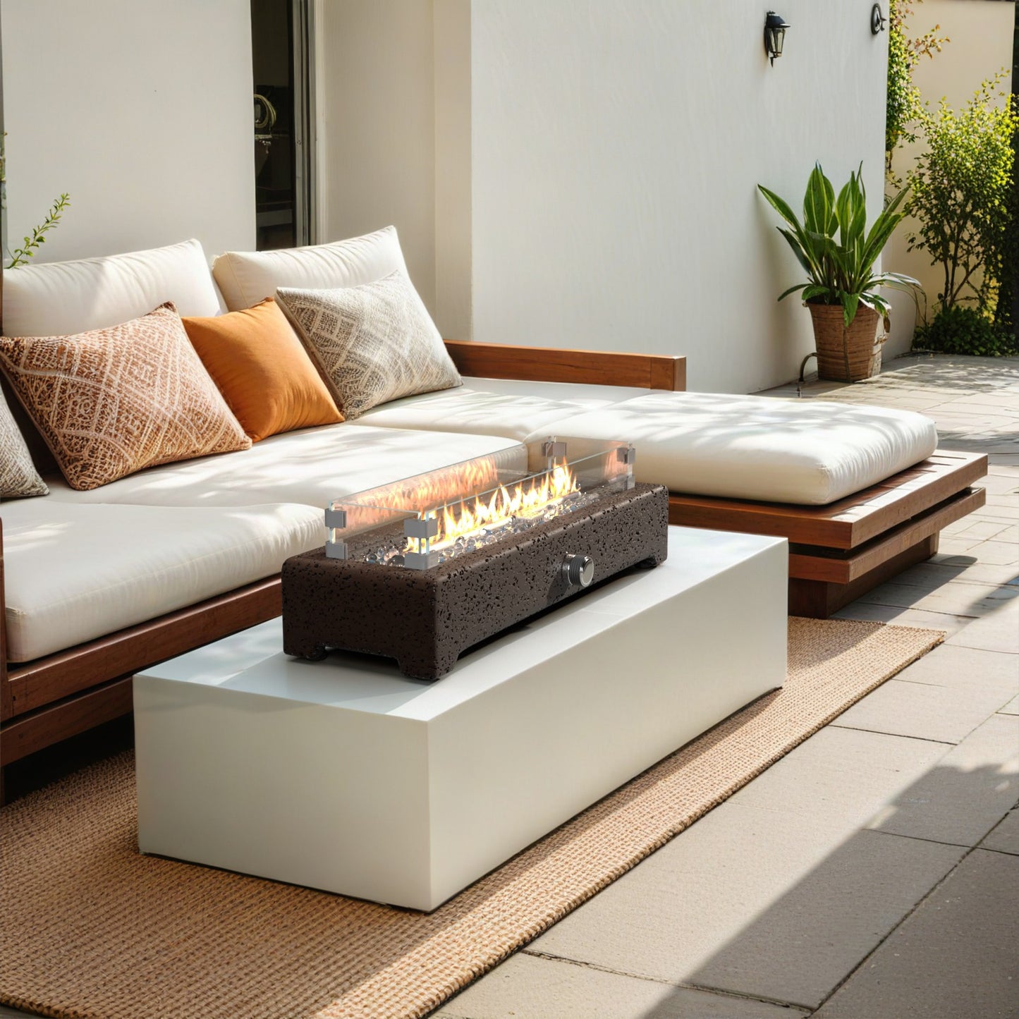 28 "Table Top Fire Pit, Embroidered Red Propane Fire Pit Table, Magnesium Oxide Rectangular Base, 40000 BTU Stainless Steel Burner, with Glass Flint & Glass Storm Hood, Living Room, Balcony, Patio, Deck, Pool