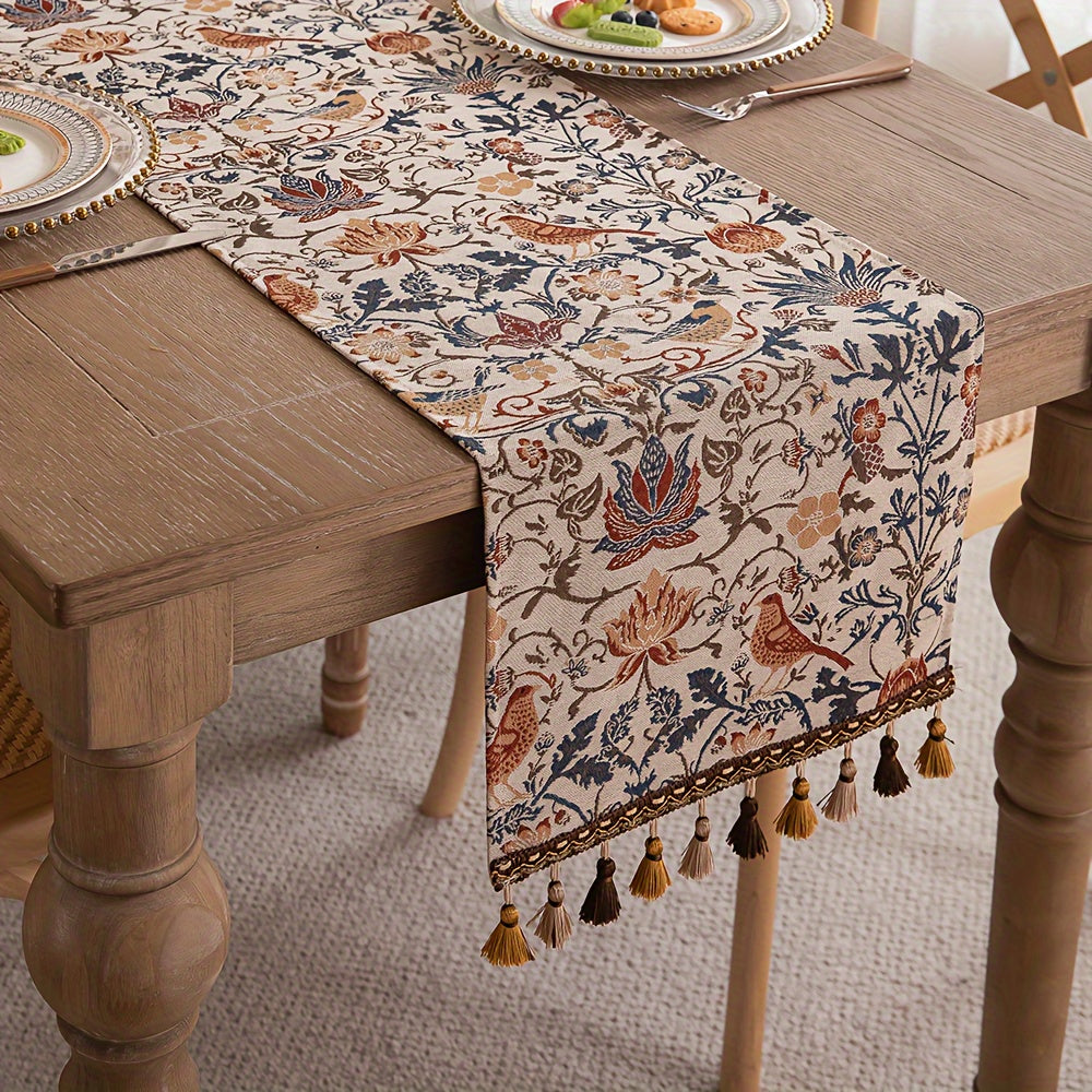 Vintage Floral & Bird Table Runner with Tassels
