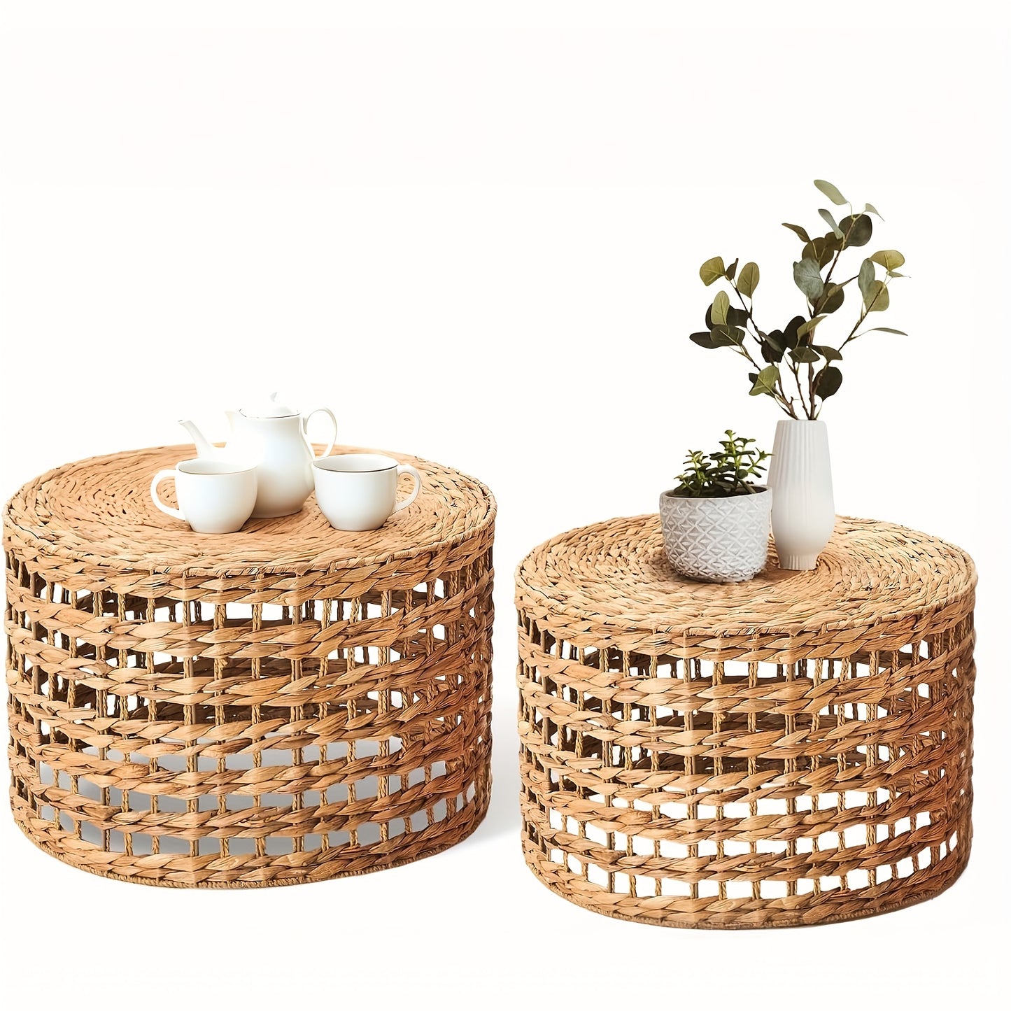 Set of 2 Handwoven Outdoor Side Tables – Natural Water Hyacinth Round Coffee Tables for Patio, Garden, Backyard, Indoor/Outdoor Plant or End Table – Bamboo Frame & Rattan Top