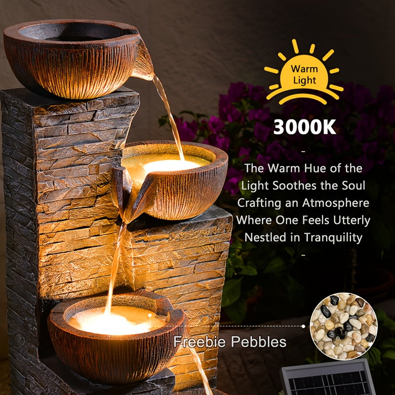 38.2" Solar Powered Water Fountain | 4 Tiers Modern Cascading Bowls and Stacked Stones with LED Lights, Grey Resin, Charging, Removable Battery — Ideal for Garden, Patio, Deck, Porch, Backyard, Lawns