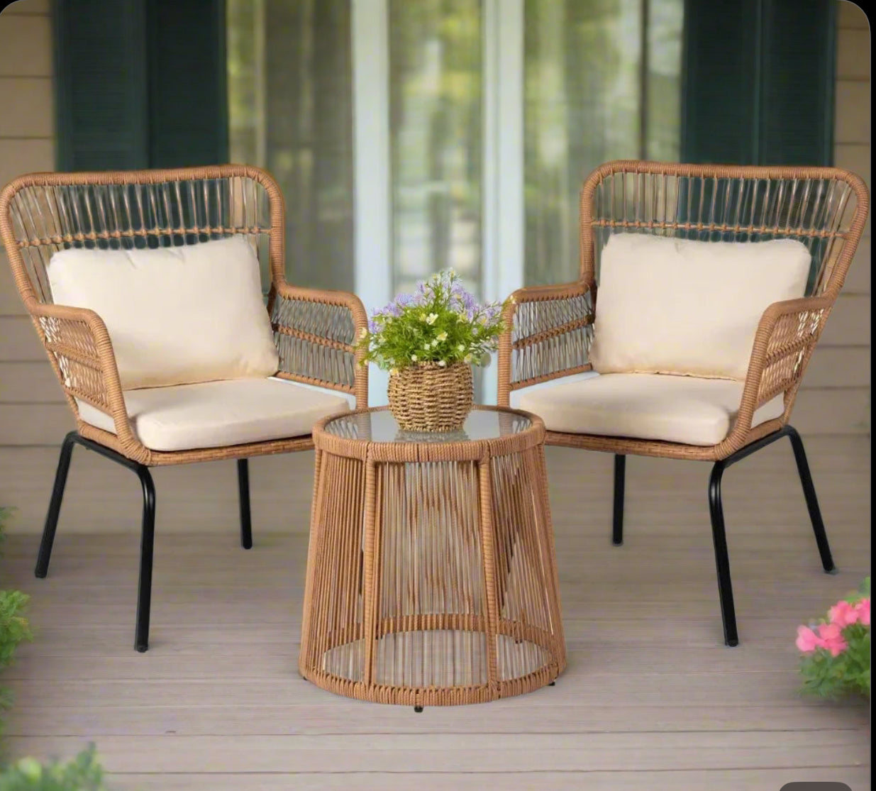 3- Piece Modern Outdoor Wicker Patio Bistro Set with Tempered Glass Side Table