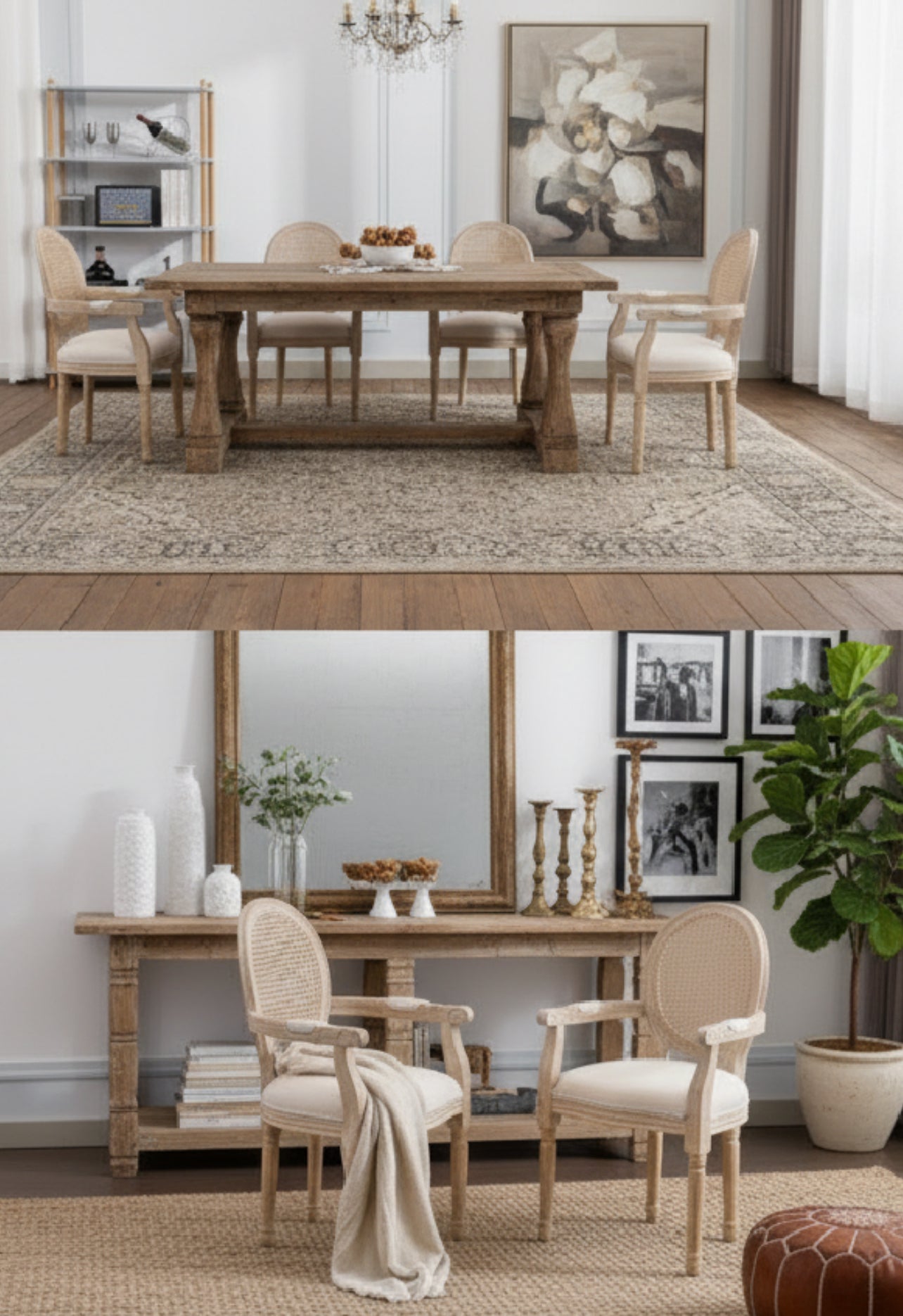 Rattan Cane Round-Back Arm Chairs — Set of Two