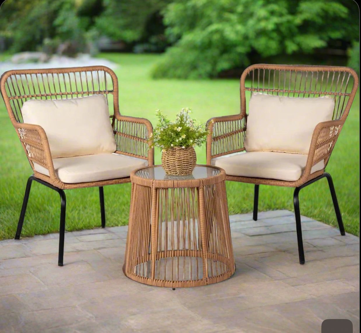 3- Piece Modern Outdoor Wicker Patio Bistro Set with Tempered Glass Side Table