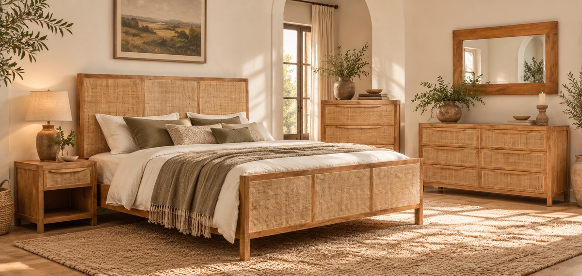 Nira Natural Mango Wood & Cane Bedroom Set