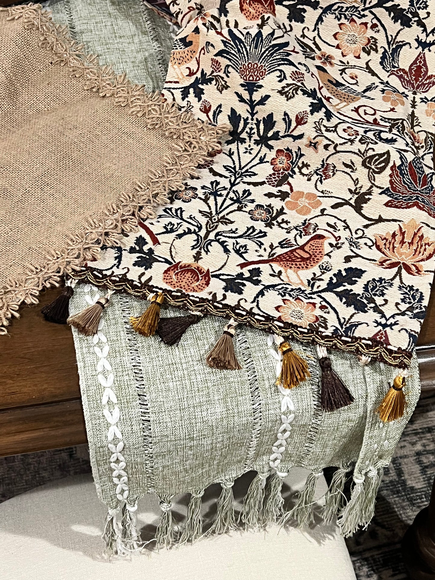 Vintage Floral & Bird Table Runner with Tassels