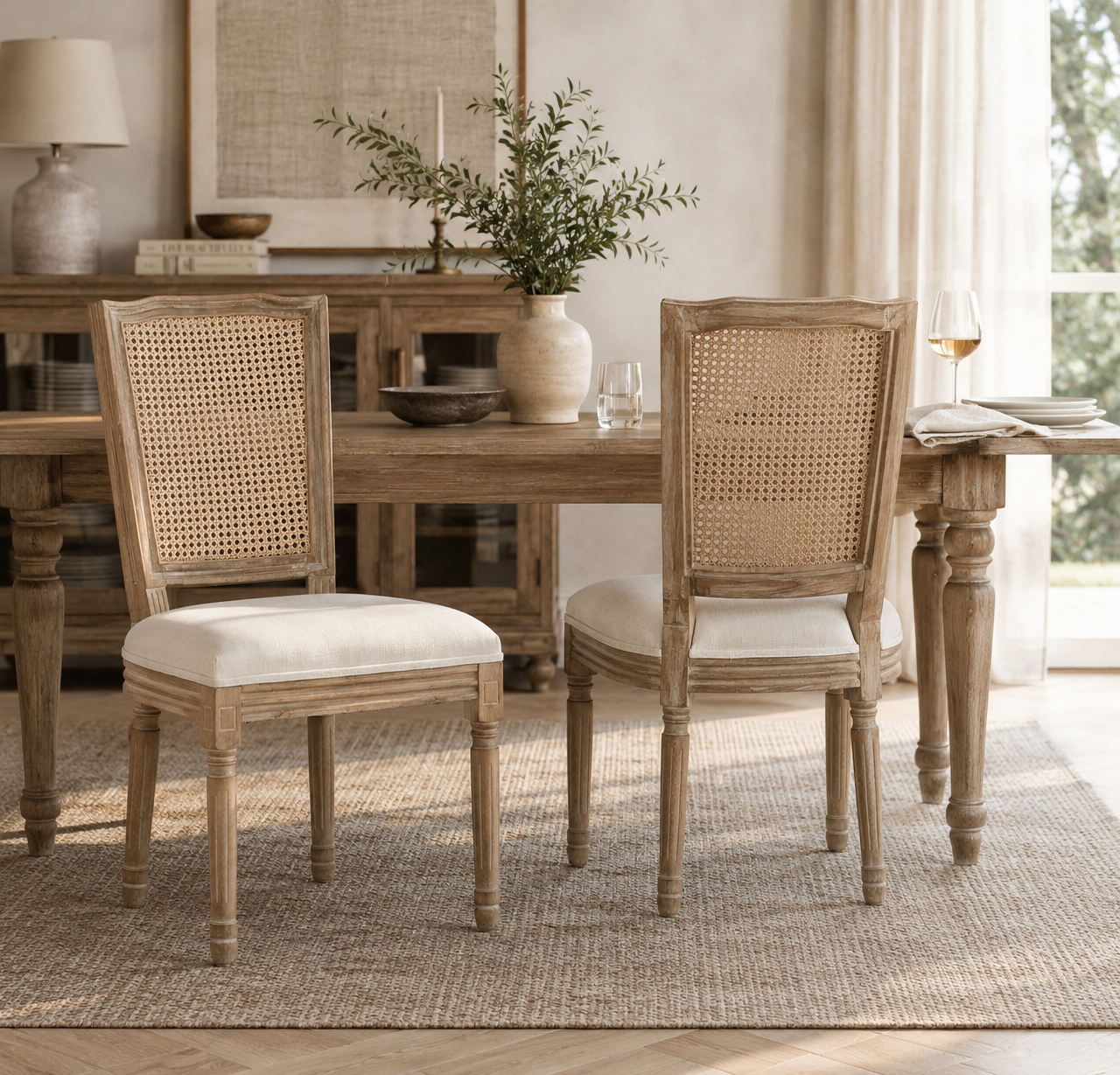 Elowen Upholstered Dining Chairs | Warm Natural Wood | Cream & Light Gray