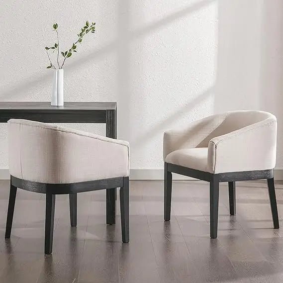 Set of 2 Mid - Century Modern Beige Linen Dining Chairs - solid wood furniture by Chic Woods