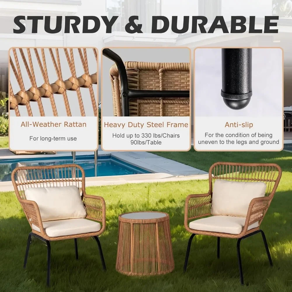 3- Piece Modern Outdoor Wicker Patio Bistro Set with Tempered Glass Side Table