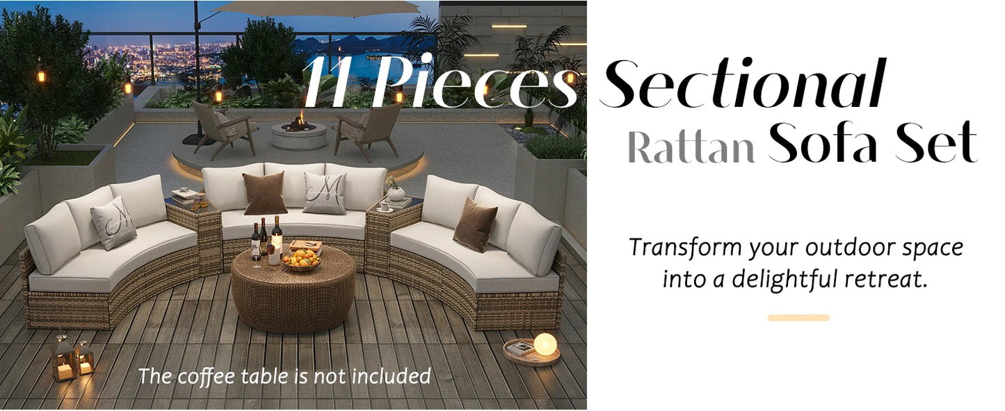 11 Piece Half-Moon Sectional Patio Furniture Set with Large Storage Wedge Table