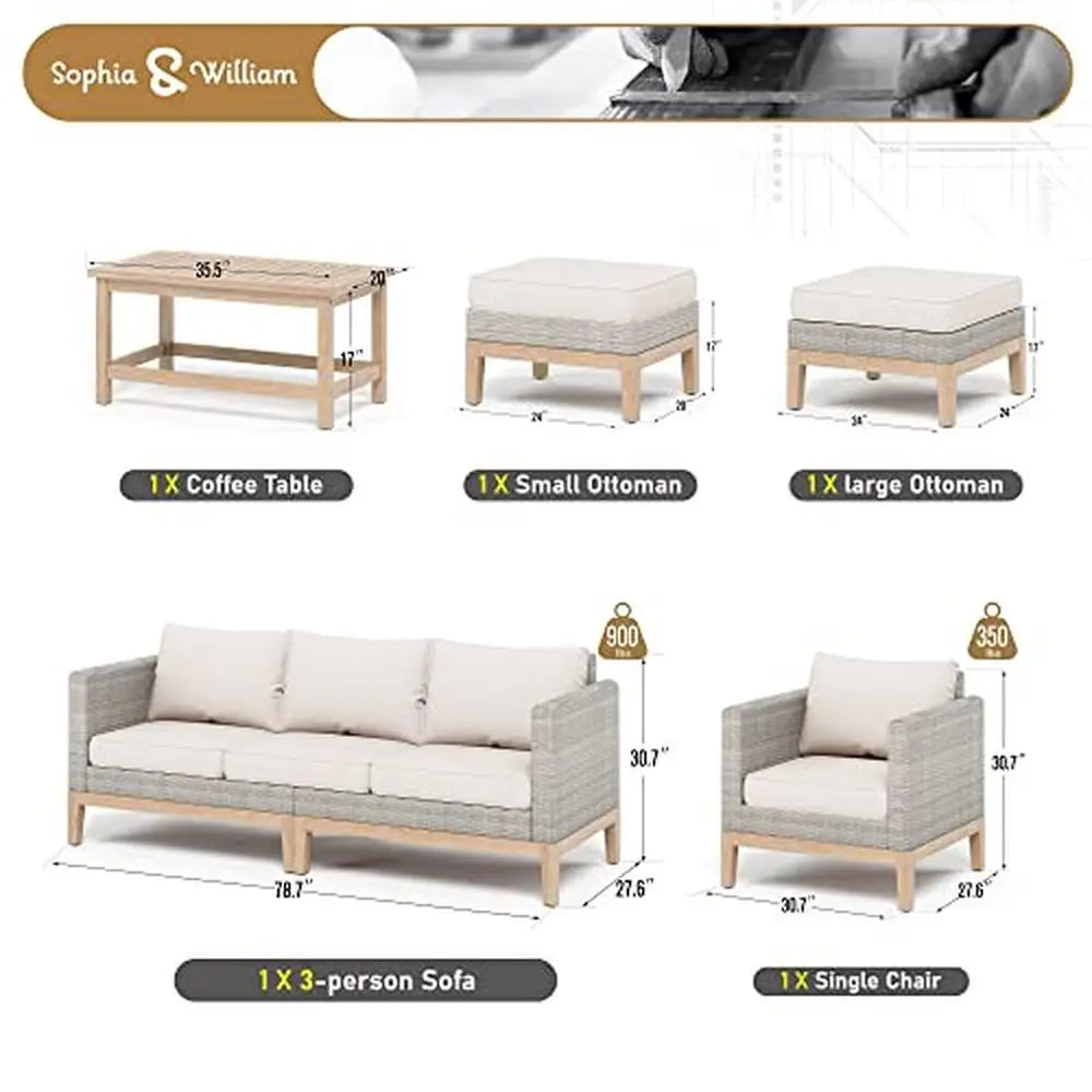 5-Piece High Back Wicker Rattan Patio Conversation Set with Acacia Wood Table