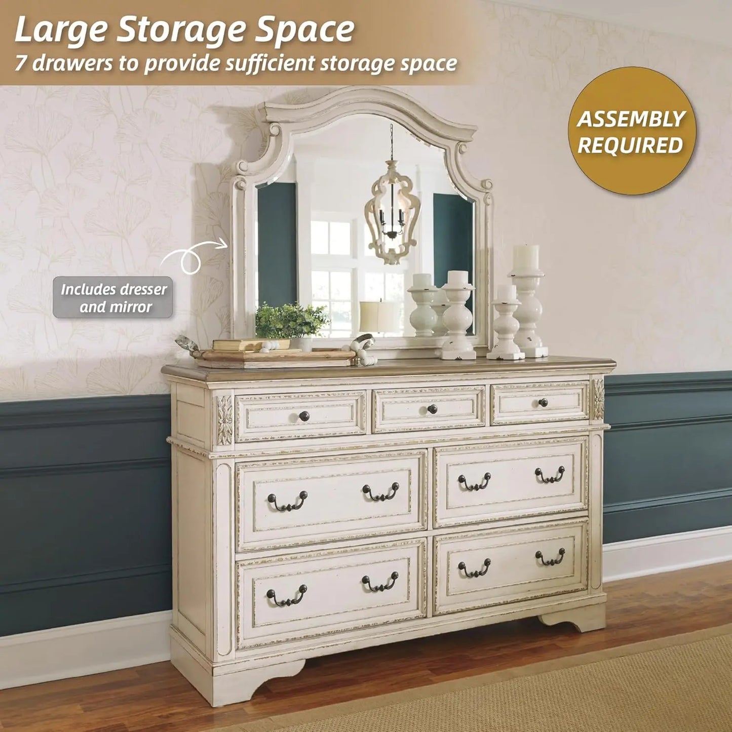 Realyn French Country 7-Drawer Dresser with Mirror – Distressed Chipped White & Walnut Top