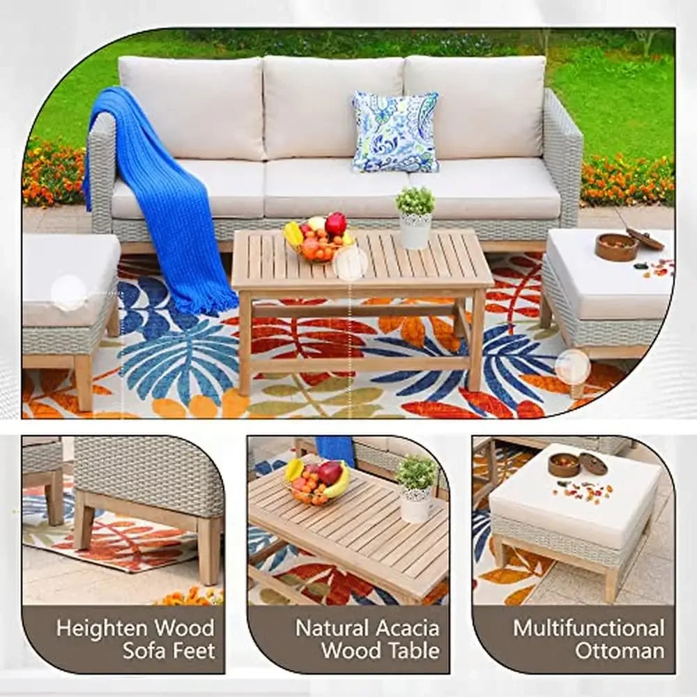 5-Piece High Back Wicker Rattan Patio Conversation Set with Acacia Wood Table