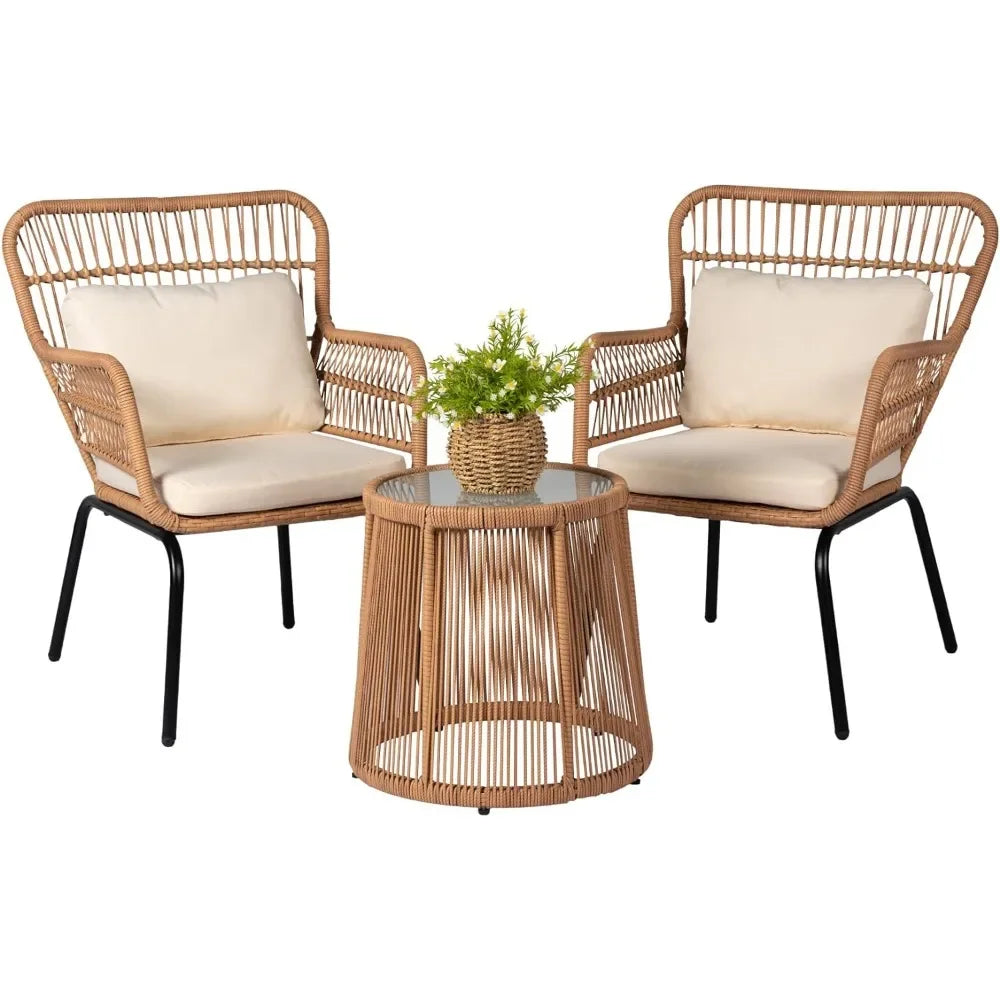 3- Piece Modern Outdoor Wicker Patio Bistro Set with Tempered Glass Side Table