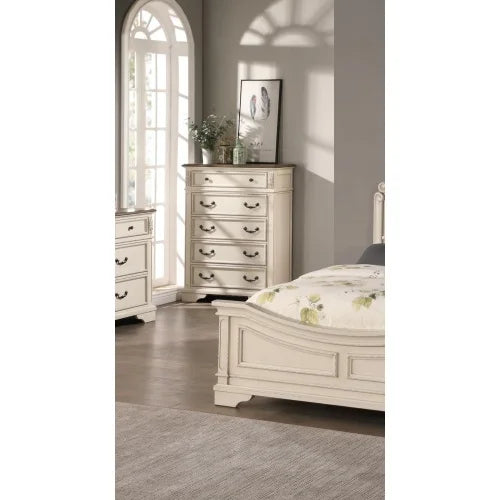 Realyn French Country Tall Chest of Drawers – Distressed Chipped White with Walnut Top