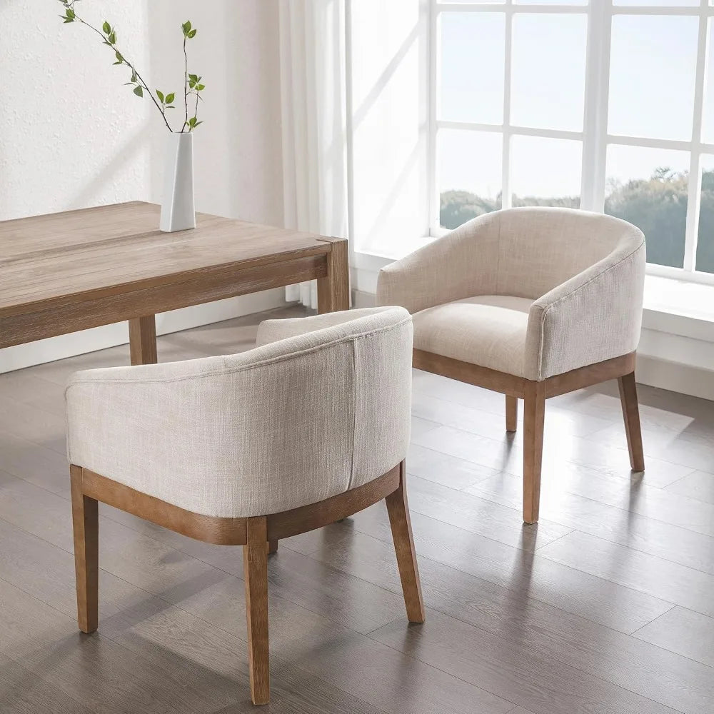 Set of 2 Mid-Century Modern Beige Linen Dining Chairs