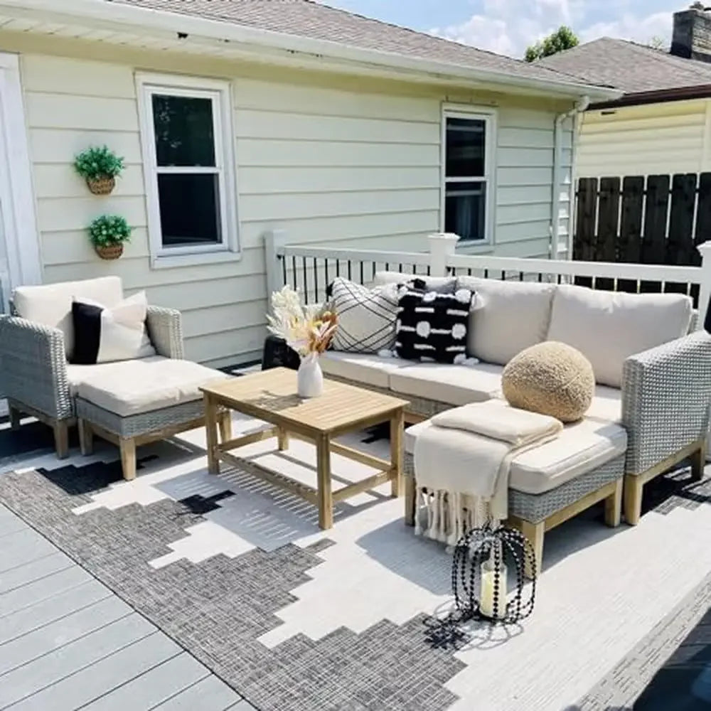 5-Piece High Back Wicker Rattan Patio Conversation Set with Acacia Wood Table