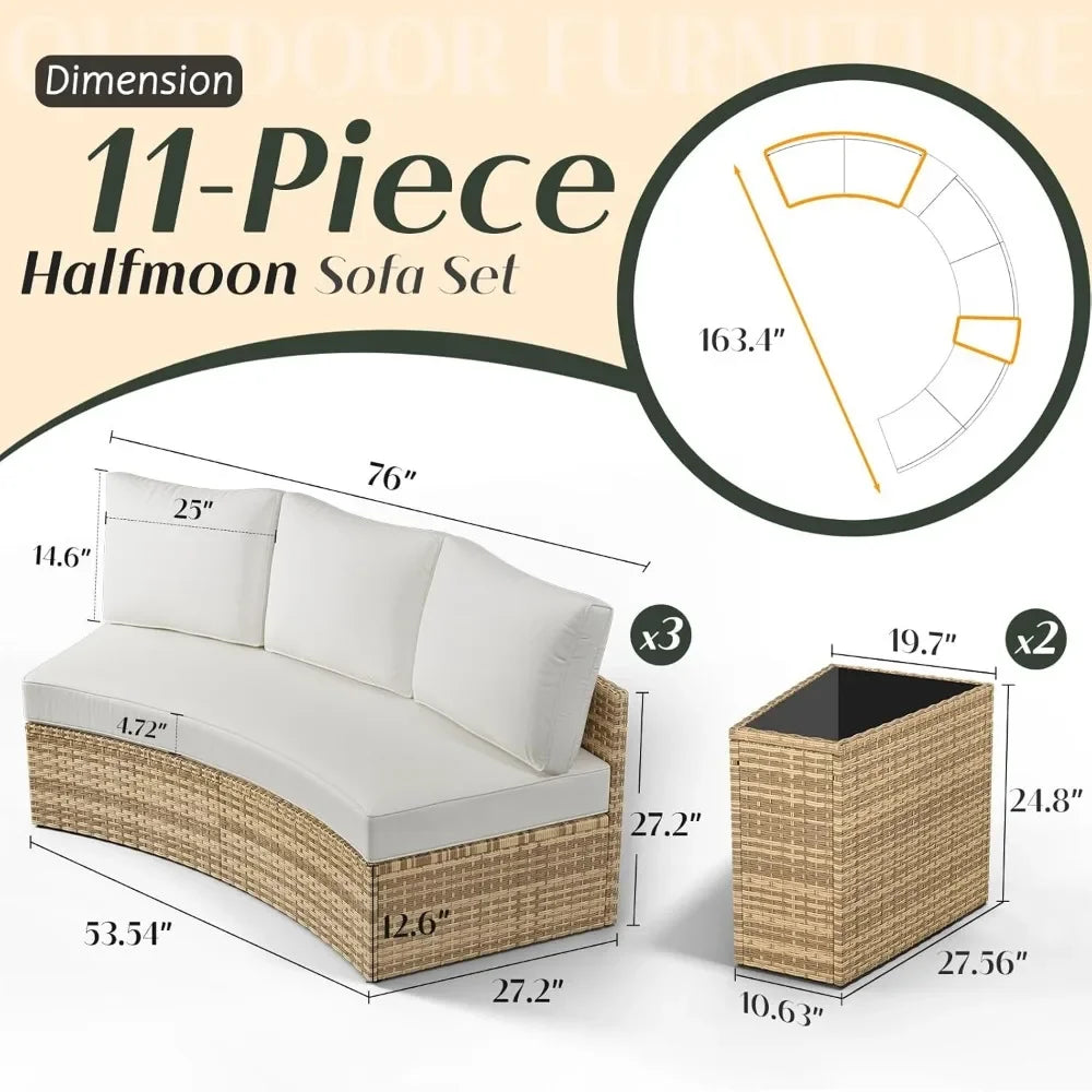 11 Piece Half-Moon Sectional Patio Furniture Set with Large Storage Wedge Table