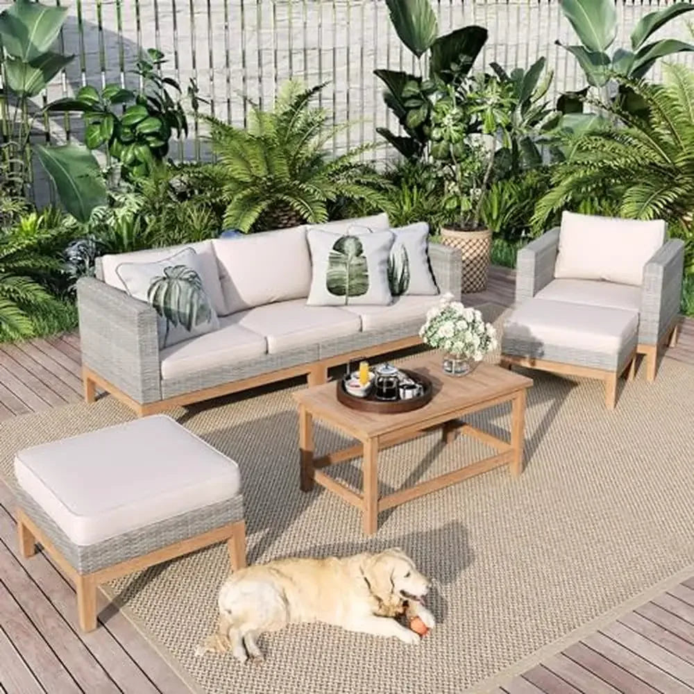 5-Piece High Back Wicker Rattan Patio Conversation Set with Acacia Wood Table