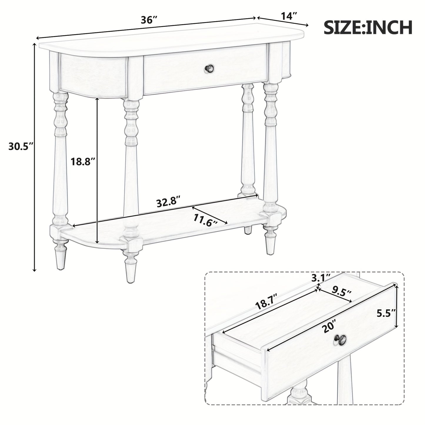 36" Retro Corner-curved Console Table