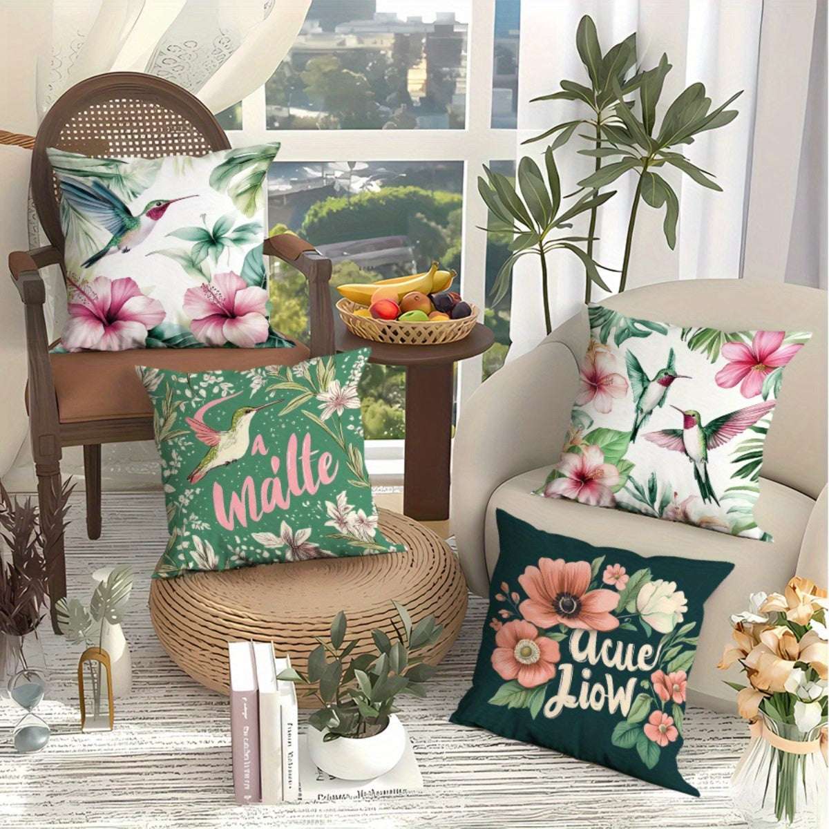 4 Tropical Floral Print Pillowcases - Waterproof Polyester, Zipper Closure, Outdoor Patio Furniture, Home Patio Decor, Outdoor Decor | Vibrant Pillowcases | Durable Outdoor Fabric, Outdoor Decor, Single Side Print, Outdoor Pa