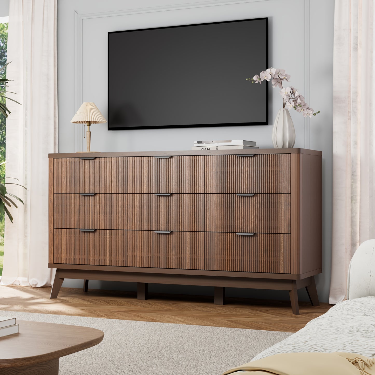 Willow Bend Nine-Drawer Wood Dresser
59″ Mid-Century Inspired Solid Wood Storage Chest