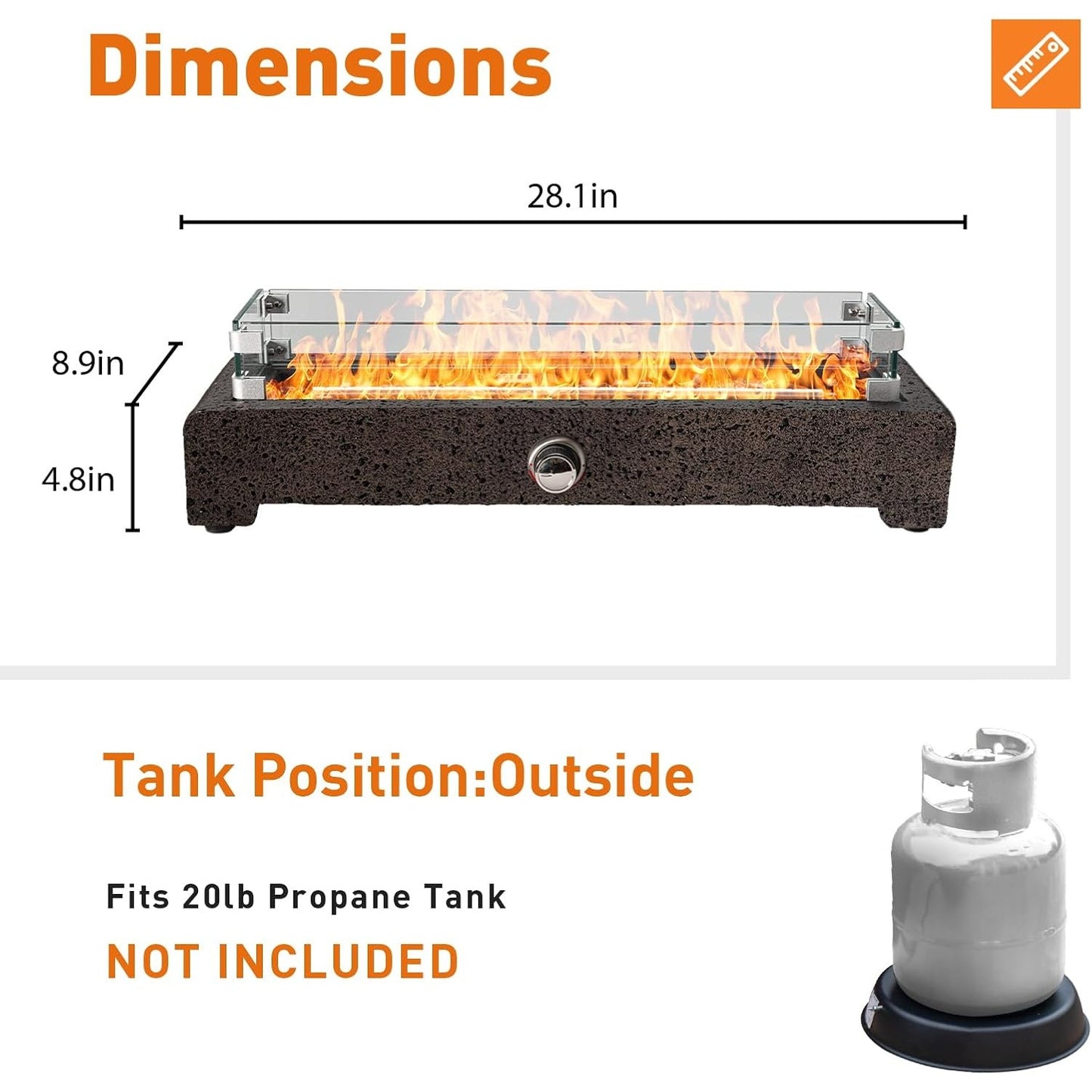 28 "Table Top Fire Pit, Embroidered Red Propane Fire Pit Table, Magnesium Oxide Rectangular Base, 40000 BTU Stainless Steel Burner, with Glass Flint & Glass Storm Hood, Living Room, Balcony, Patio, Deck, Pool