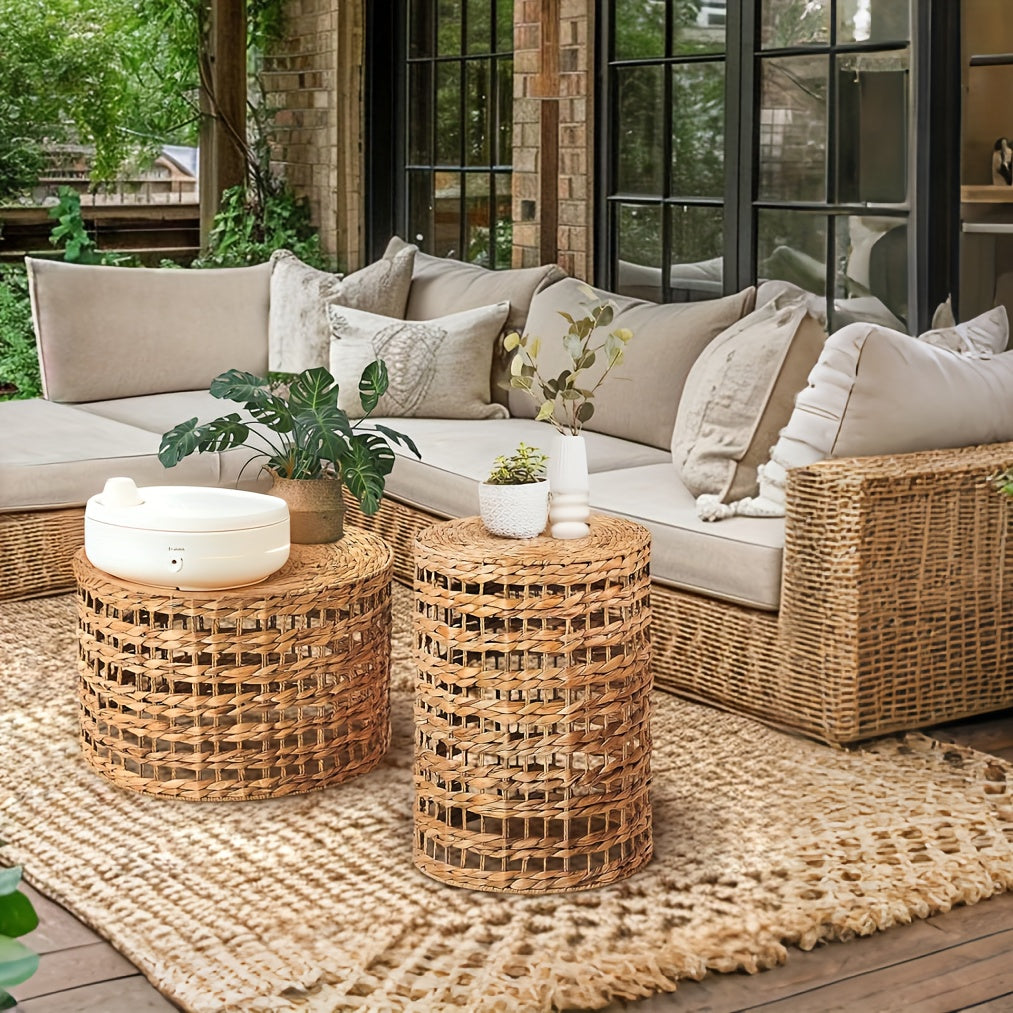 Set of 2 Handwoven Outdoor Side Tables – Natural Water Hyacinth Round Coffee Tables for Patio, Garden, Backyard, Indoor/Outdoor Plant or End Table – Bamboo Frame & Rattan Top