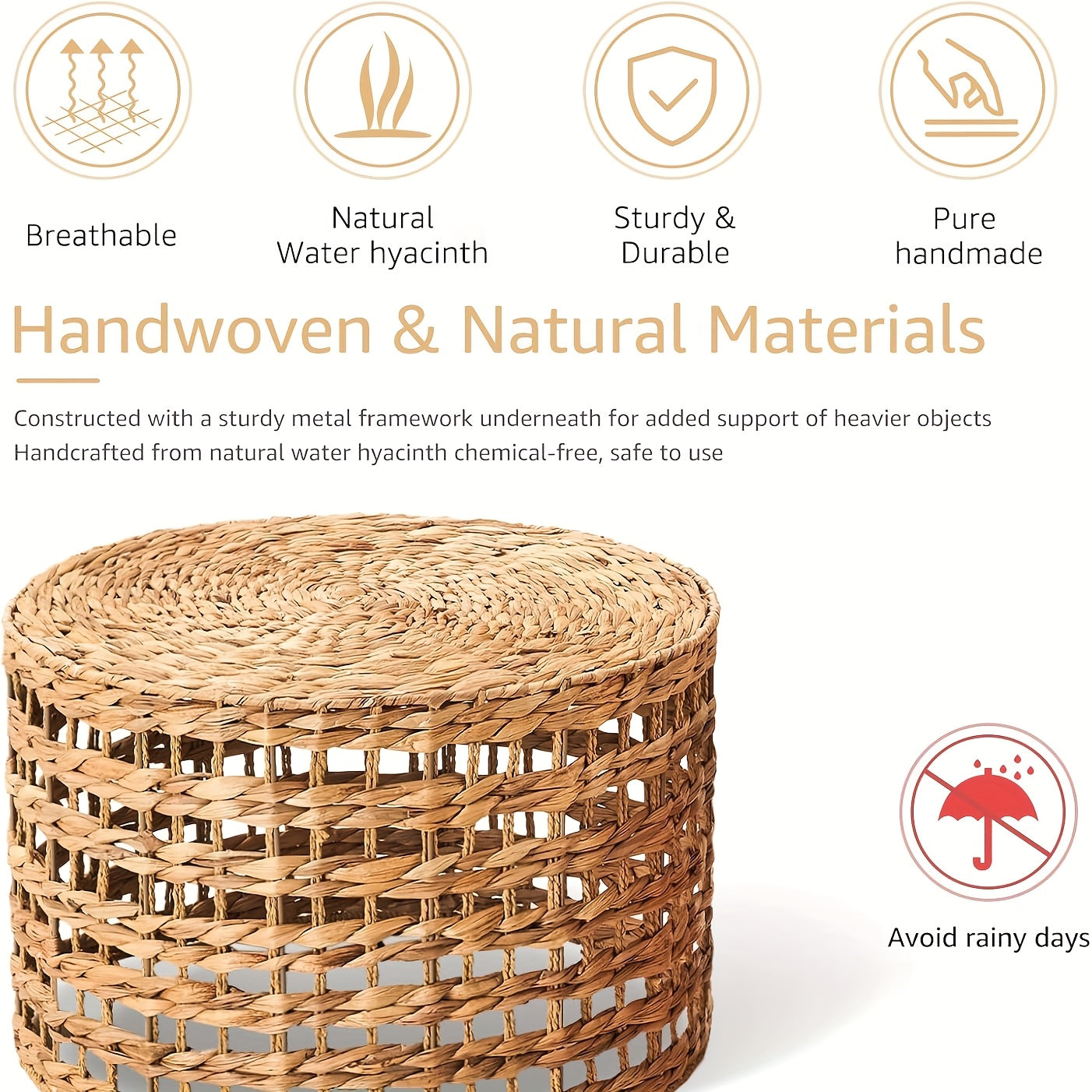 Set of 2 Handwoven Outdoor Side Tables – Natural Water Hyacinth Round Coffee Tables for Patio, Garden, Backyard, Indoor/Outdoor Plant or End Table – Bamboo Frame & Rattan Top