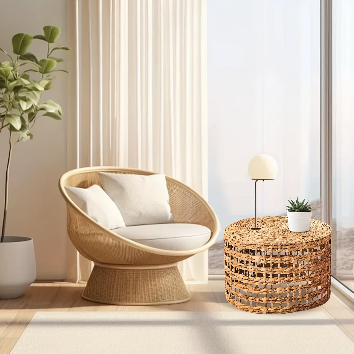Set of 2 Handwoven Outdoor Side Tables – Natural Water Hyacinth Round Coffee Tables for Patio, Garden, Backyard, Indoor/Outdoor Plant or End Table – Bamboo Frame & Rattan Top