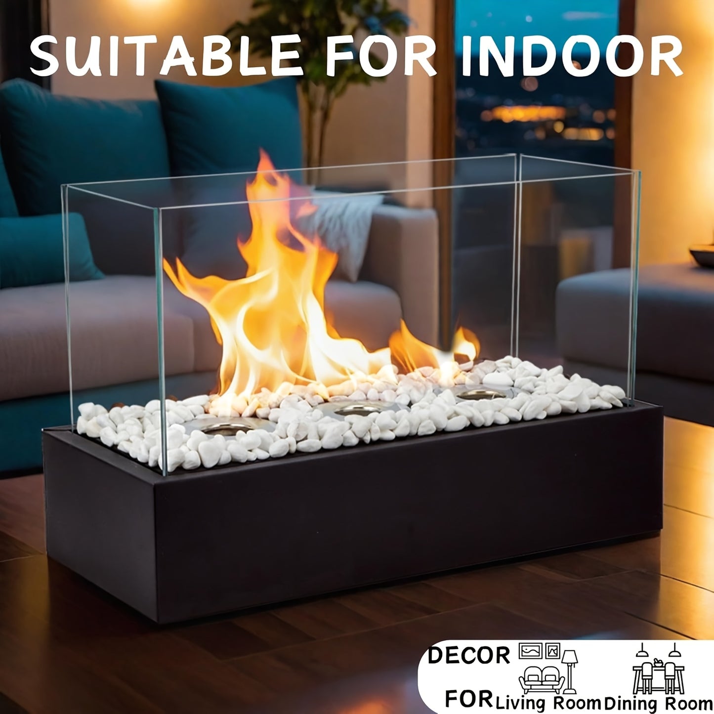 Modern Rectangular Tabletop Fire Pit - Sleek Metal Design with Natural Exhaust, Perfect for Indoor Warmth and Outdoor Gatherings (Alcohol Not Included), Cozy Ambiance | Modern Fire Pit | Tempered Glass