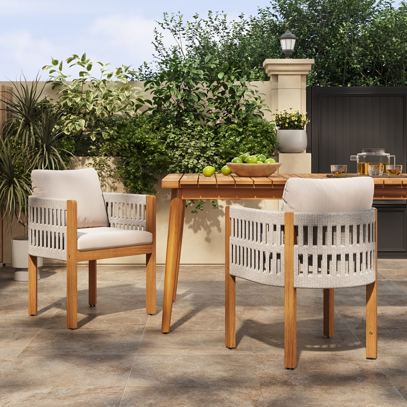 5pcs Outdoor Lovewood Dining Table And Chairs, 4pcs Club Art Rope Woven Dining Chairs with Waterproof Seat Cushions, 1 Curved Terrace Dining Table, Stylish And Modern Backyard Garden Coffee Table And Chairs