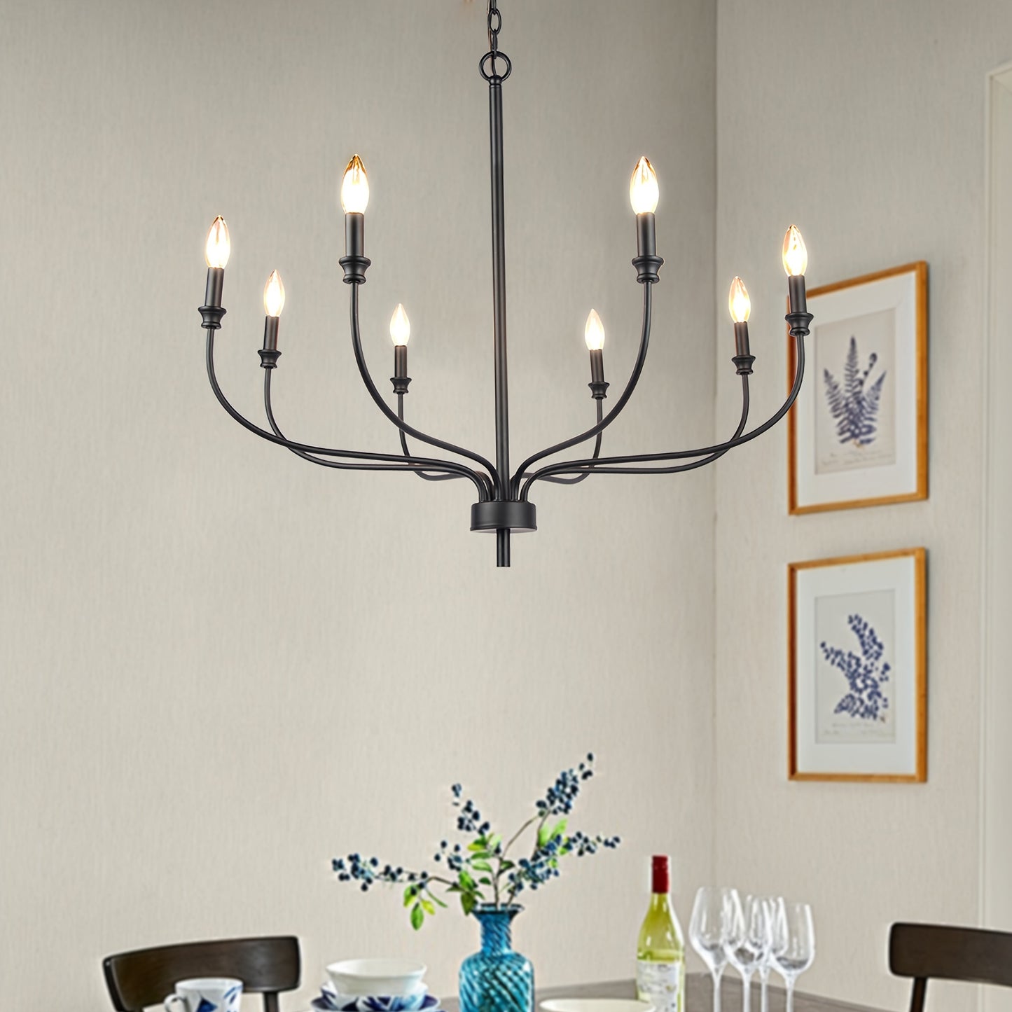 Modern Black Chandelier, 8-Light Farmhouse Chandelier For Dining Room Light Fixtures, Industrial Metal Candle Chandelier For Kitchen Island Bedroom