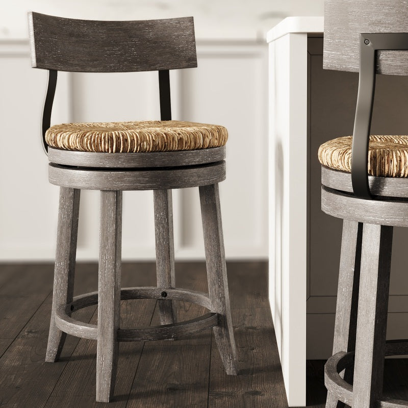 Farmhouse 26' Wood Counter Height Bar Stool with Natural Seagrass Seat Reclaimed Gray