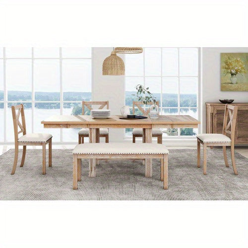 Thompson 6-Piece Farmhouse Dining Set- 82" Extendable Table with Footrest, 4 Upholstered Chairs & Bench, Natural beige Cushions