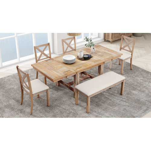 Thompson 6-Piece Farmhouse Dining Set- 82" Extendable Table with Footrest, 4 Upholstered Chairs & Bench, Natural beige Cushions