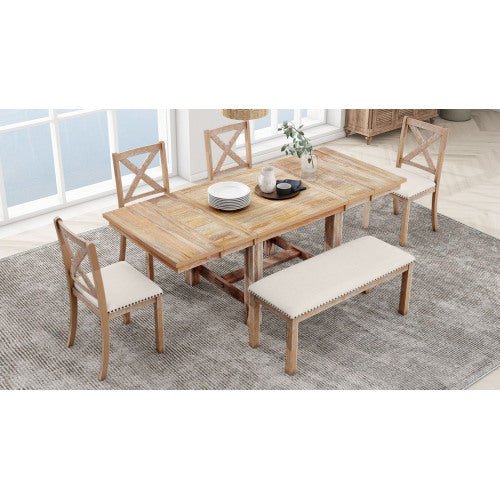 Thompson 6 - Piece Farmhouse Dining Set - 82" Extendable Table with Footrest, 4 Upholstered Chairs & Bench, Natural beige Cushions - solid wood furniture by Chic Woods